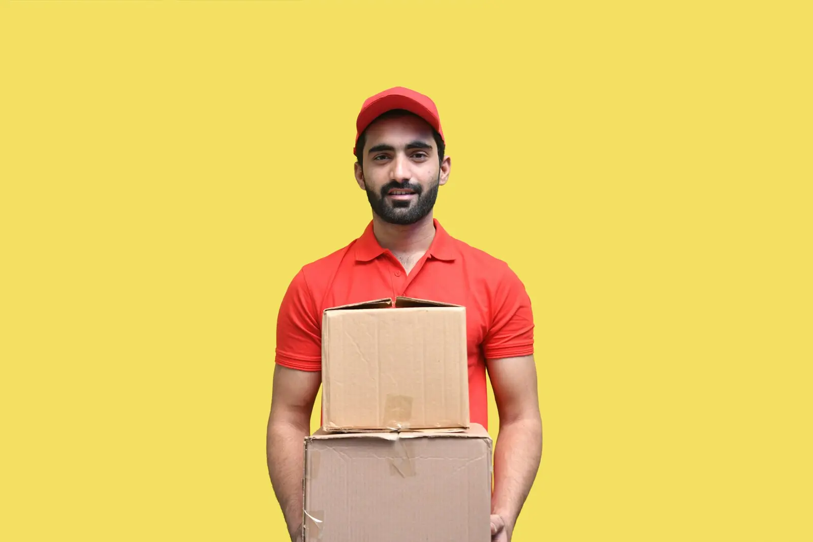Courier balancing a cardboard parcel during a solo delivery run