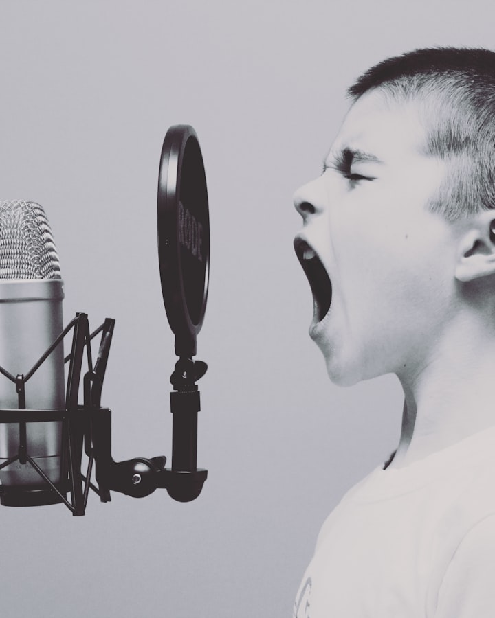Podcast host portrait with bold typography space