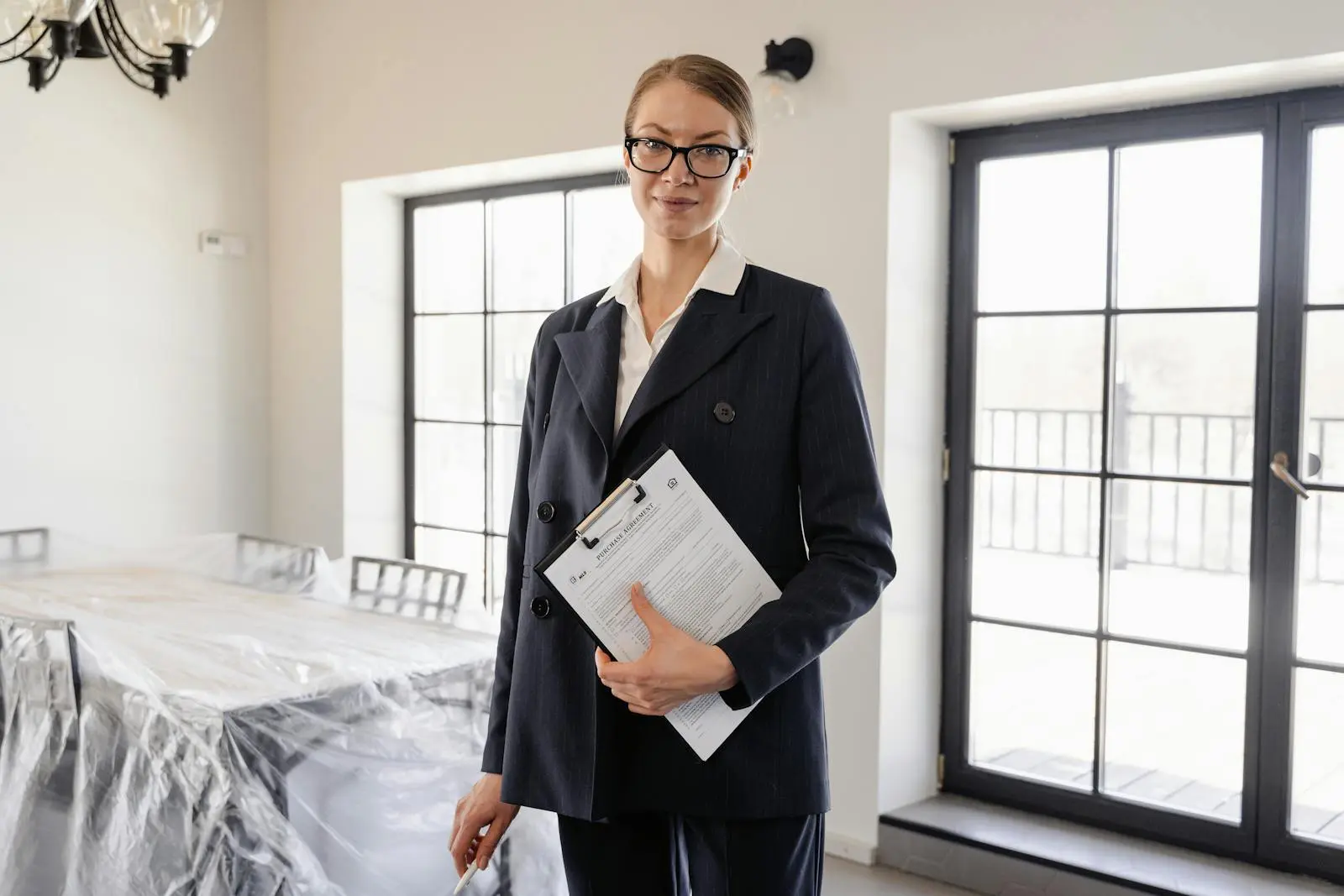 Agent making a client call beside floor-to-ceiling windows in a city office